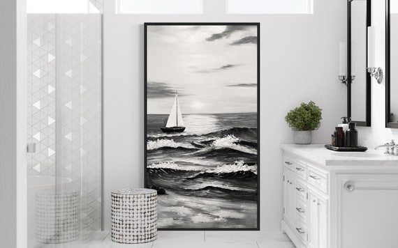 Sailing At Night Art Black White 3d Neutral Hand Painted Abstract Art Modern Thick Texture Art Custom Original Acrylic Painting Gift