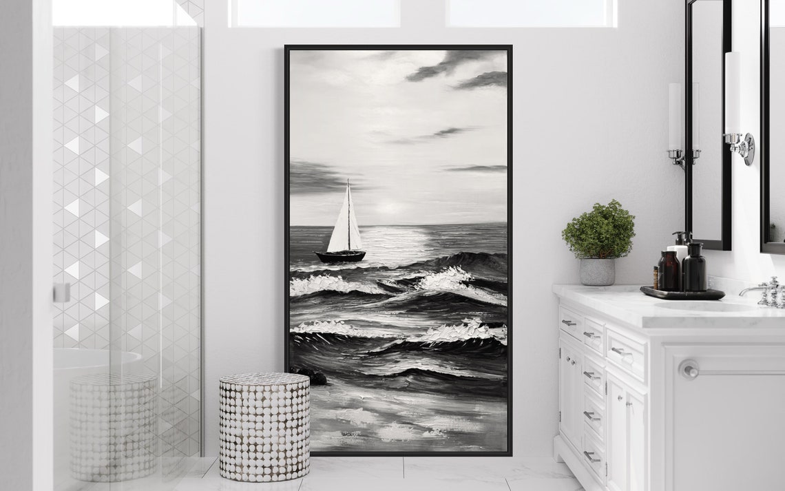Black White Sailboat Moonlit Ocean Vertical Seascape Textured Wall Art