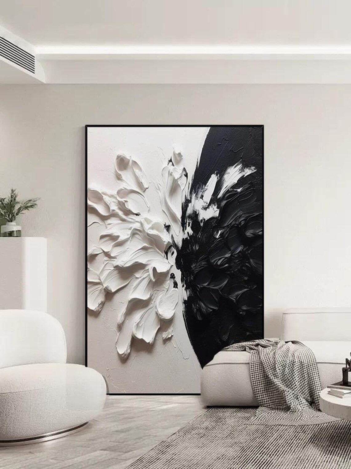 White Flower Against Black Abstract Mass Textured Floral Art Poster - Image 2