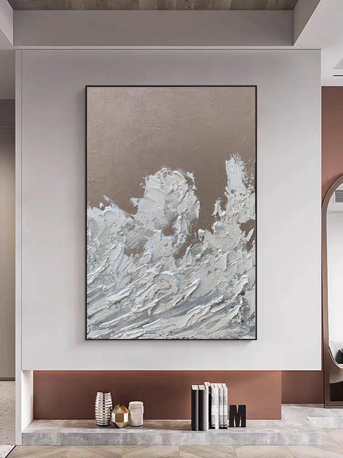 Abstract Crashing White Impasto Waves Foam on Taupe Canvas Poster - Image 3