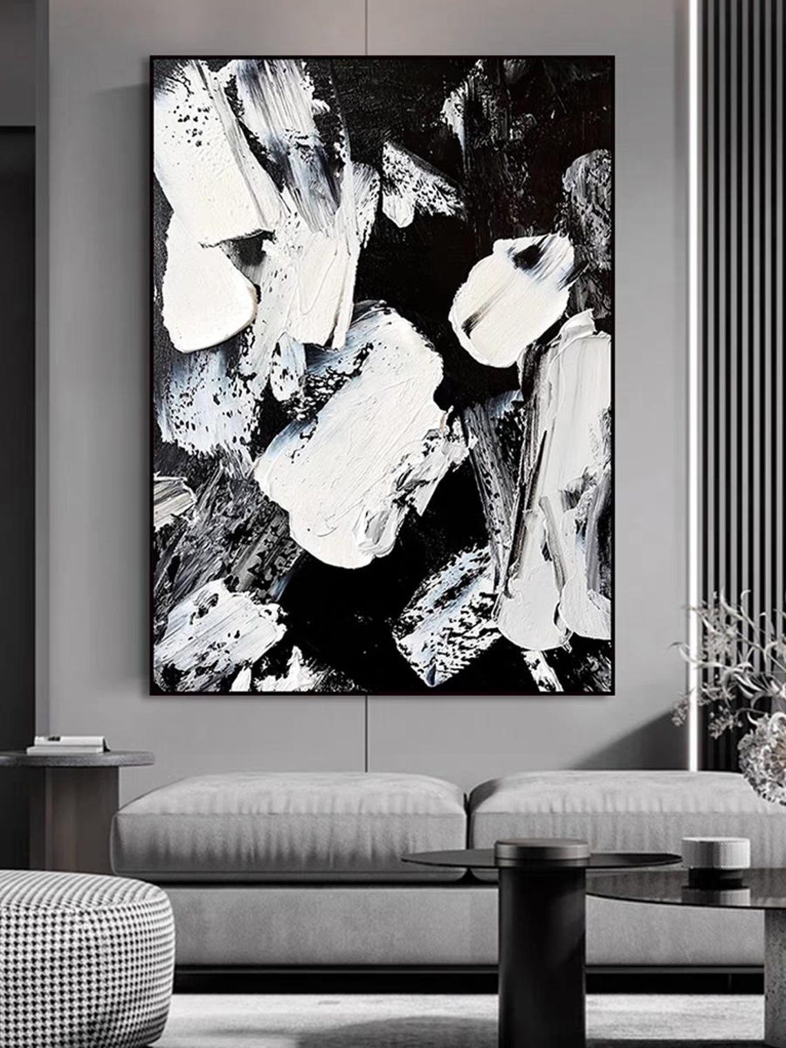 Black White Heavy Brushstroke Blobs Expressive Abstract Poster - Image 3