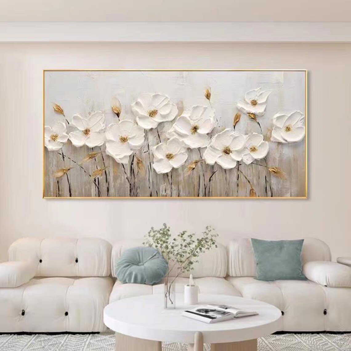 White Flowers With Gold Accents Textured Floral Modern Painting Poster - Image 3