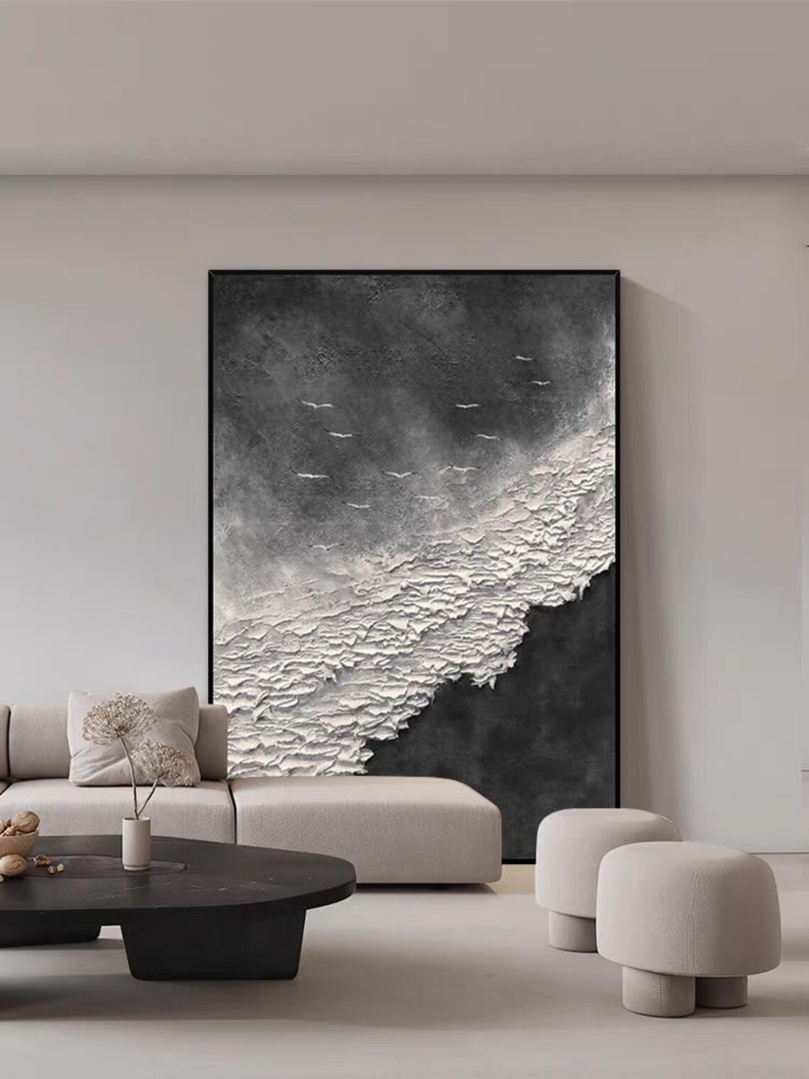 Seagulls Flying Above Sea Waves Monochrome Coastal Art Poster - Image 2