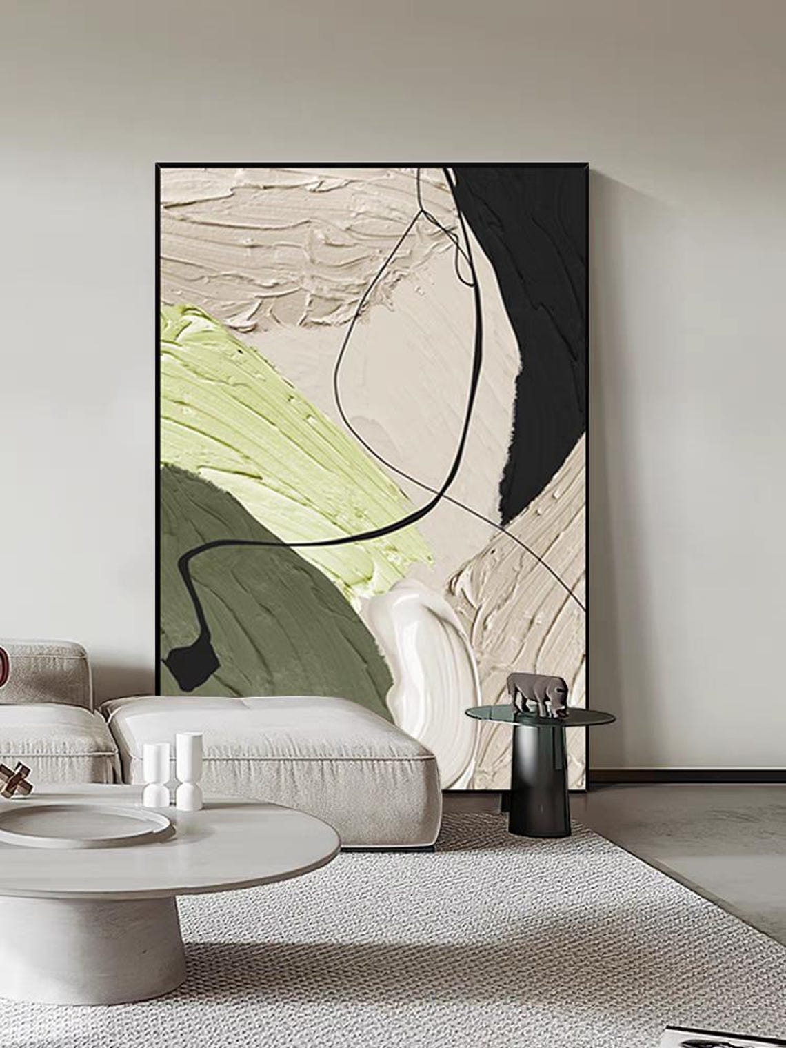 Handmade Large Beige Green Yellow Art Abstract Black White Wall Decor 3d Texture Oil Art Color Block And Line Acrylic Painting On - Image 2