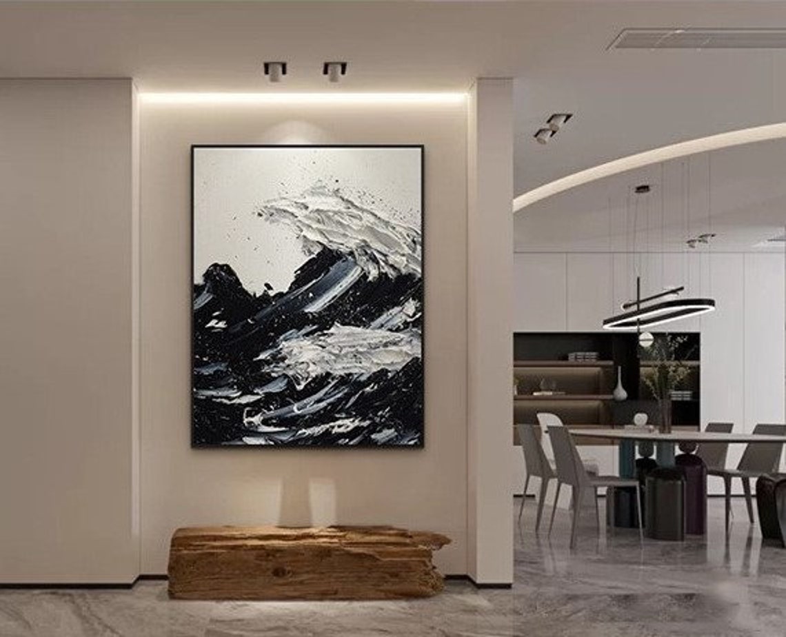 Black and White Dramatic Wave Thick Texture Vertical Abstract Wall Art - Image 3