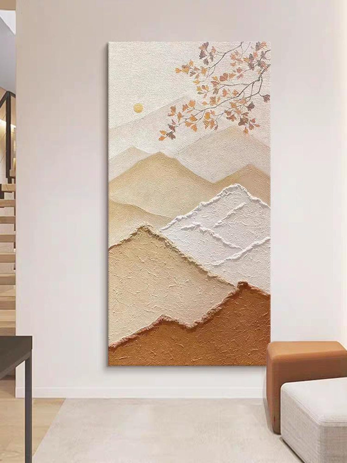 Tan Mountains Autumn Leaves Branch Textured Landscape Poster - Image 2