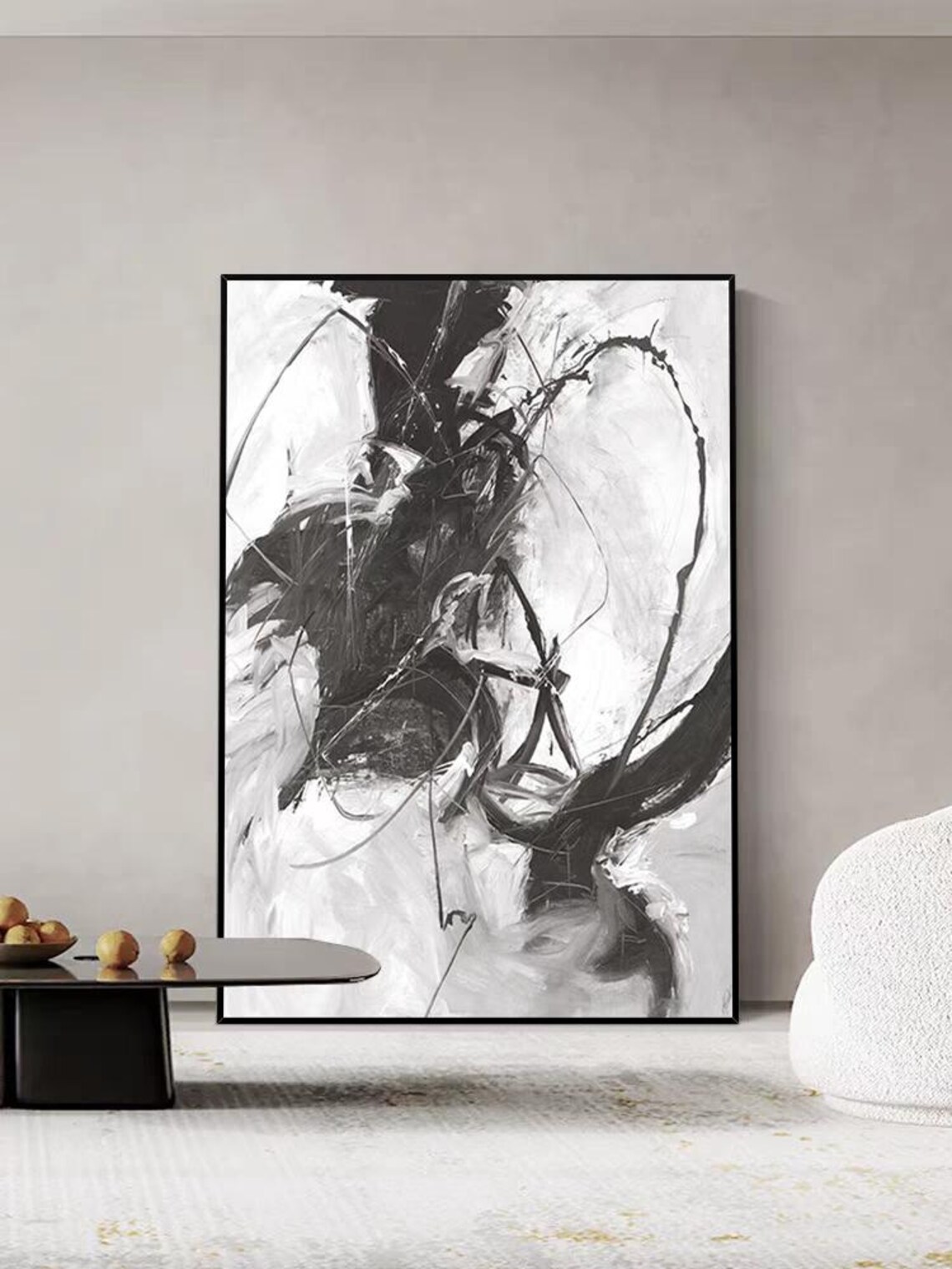 Energetic Black and White Gestural Brushstroke Abstract Canvas Poster - Image 2