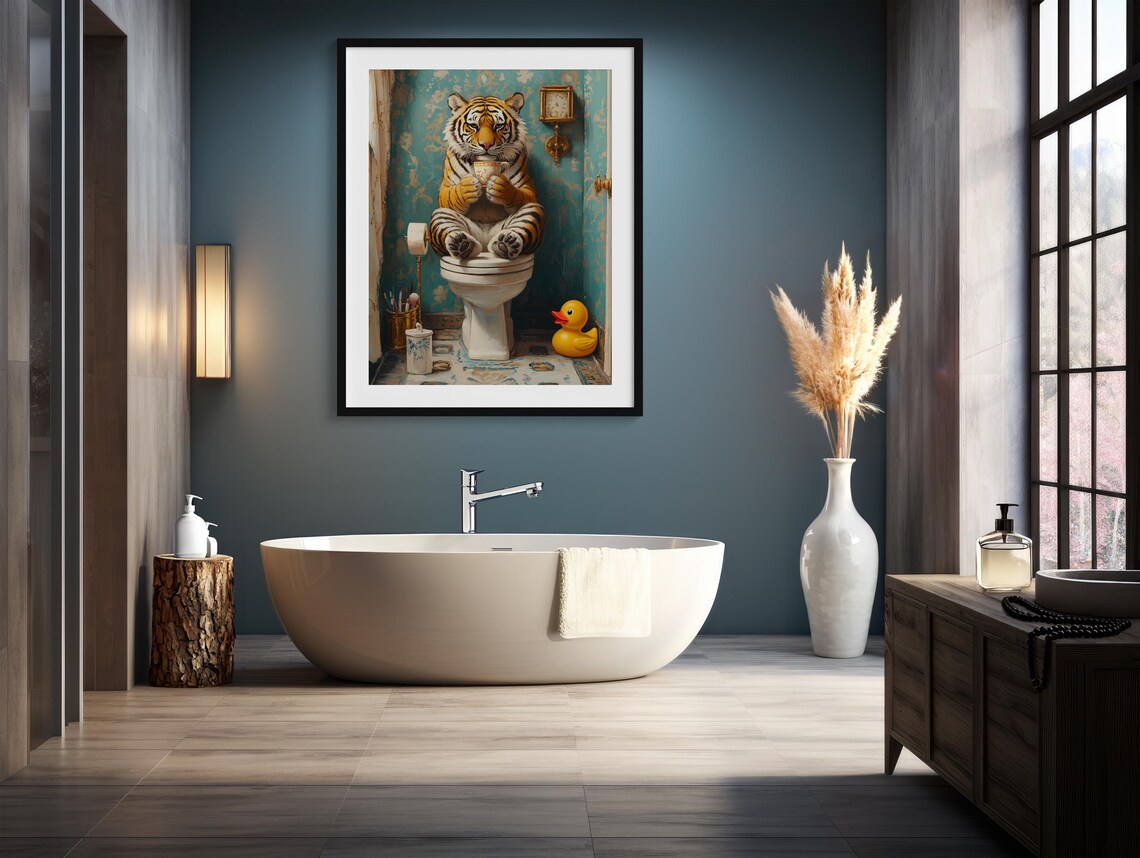 Whimsical Bathroom Tiger Funny Animal Toilet Scene Wall Poster - Image 4