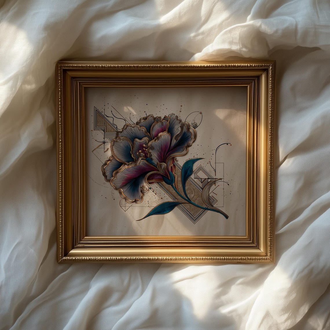 Blue Peony Flower With Gold Geometric Art Deco Botanical Poster - Image 2