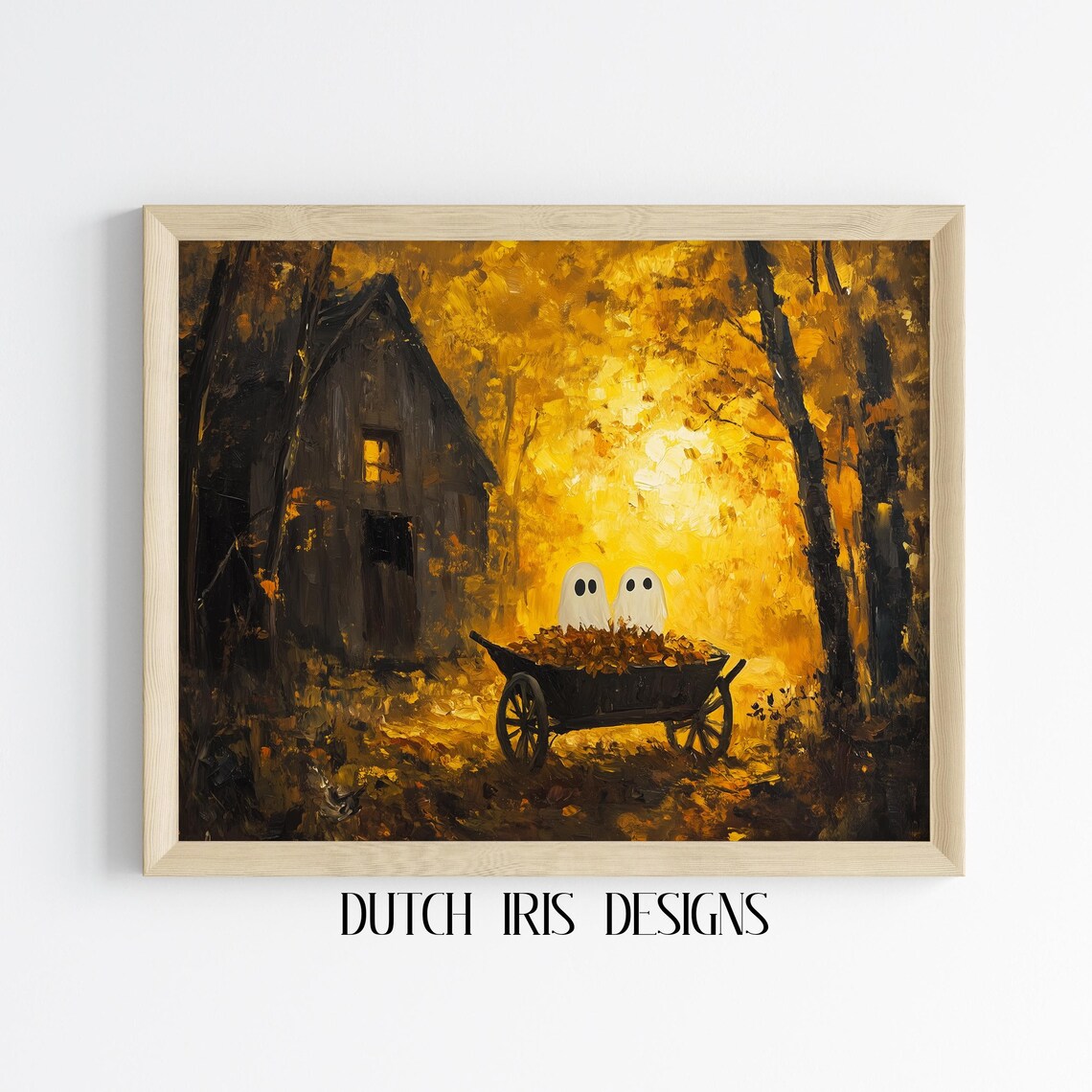 Cute Ghosts In Leaf Wheelbarrow Golden Autumn Farm Halloween Poster