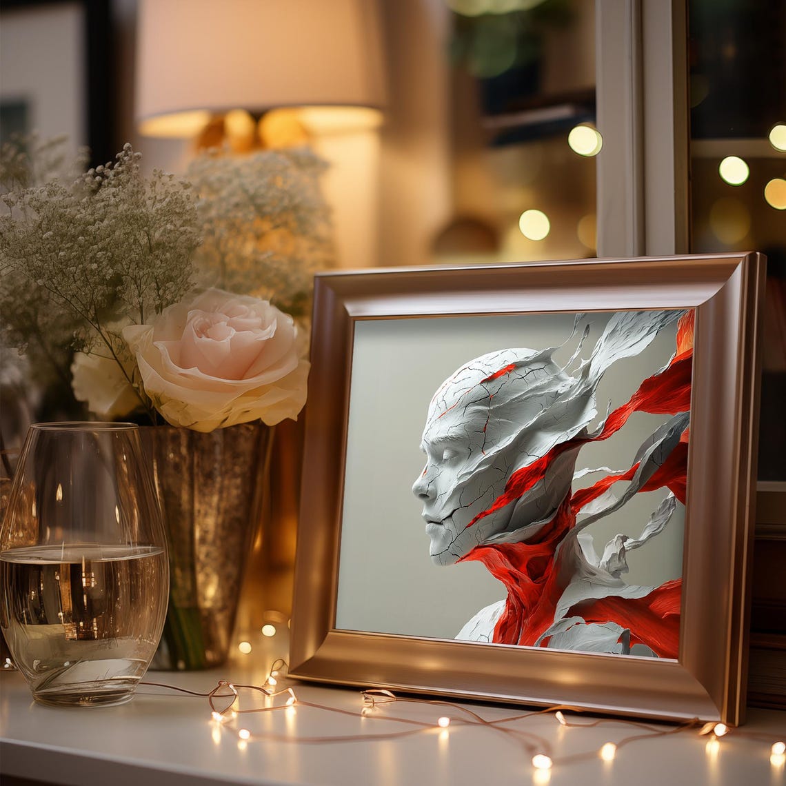 Cracked Marble Humanoid Profile With Flowing Crimson Fabric Art Poster - Image 3
