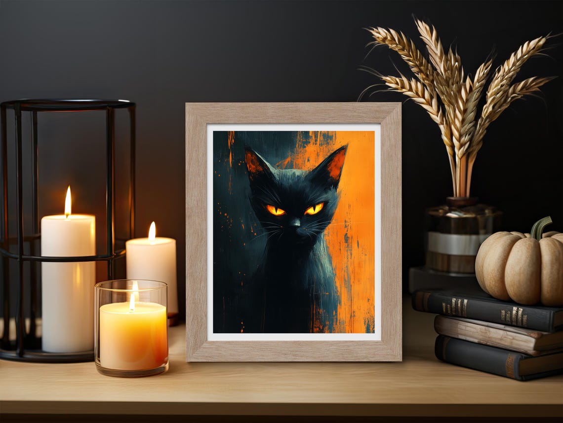 Black Cat Portrait With Glowing Orange Eyes Moody Halloween Poster - Image 3