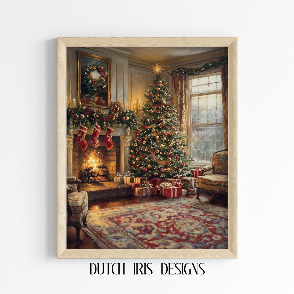 Cozy Christmas Living Room Fireplace Holiday Scene Painting Poster