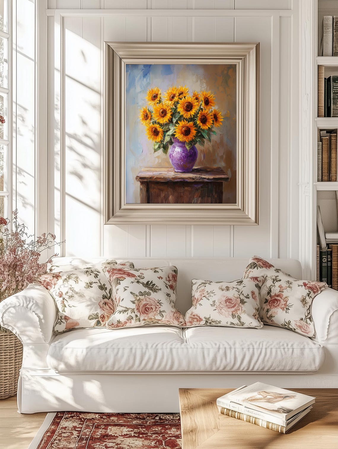 Bright Sunflowers In Purple Vase Rustic Impressionist Floral Poster - Image 2