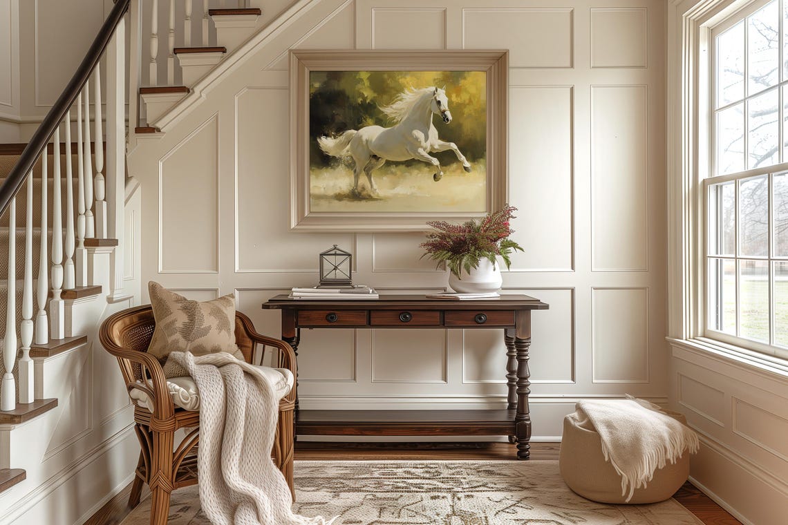 White Stallion Galloping Through Golden Autumn Woods Equine Poster - Image 2
