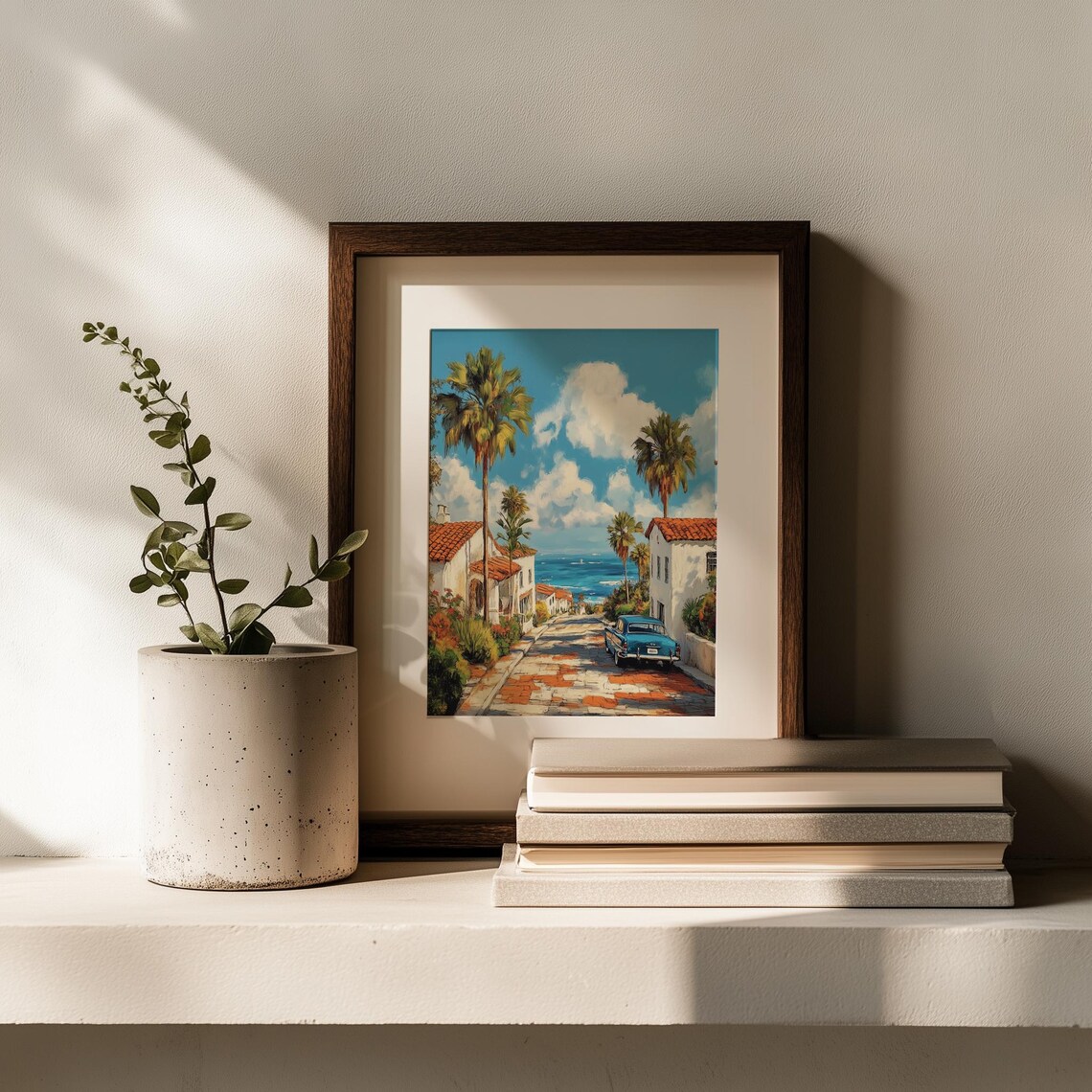 Charming Mediterranean Coastal Street With Palms And Vintage Car Art Poster - Image 2