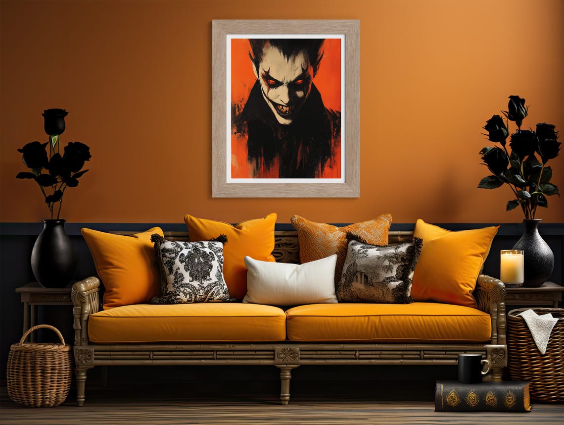 Vampire Portrait With Red Eyes On Orange Background Halloween Poster - Image 2