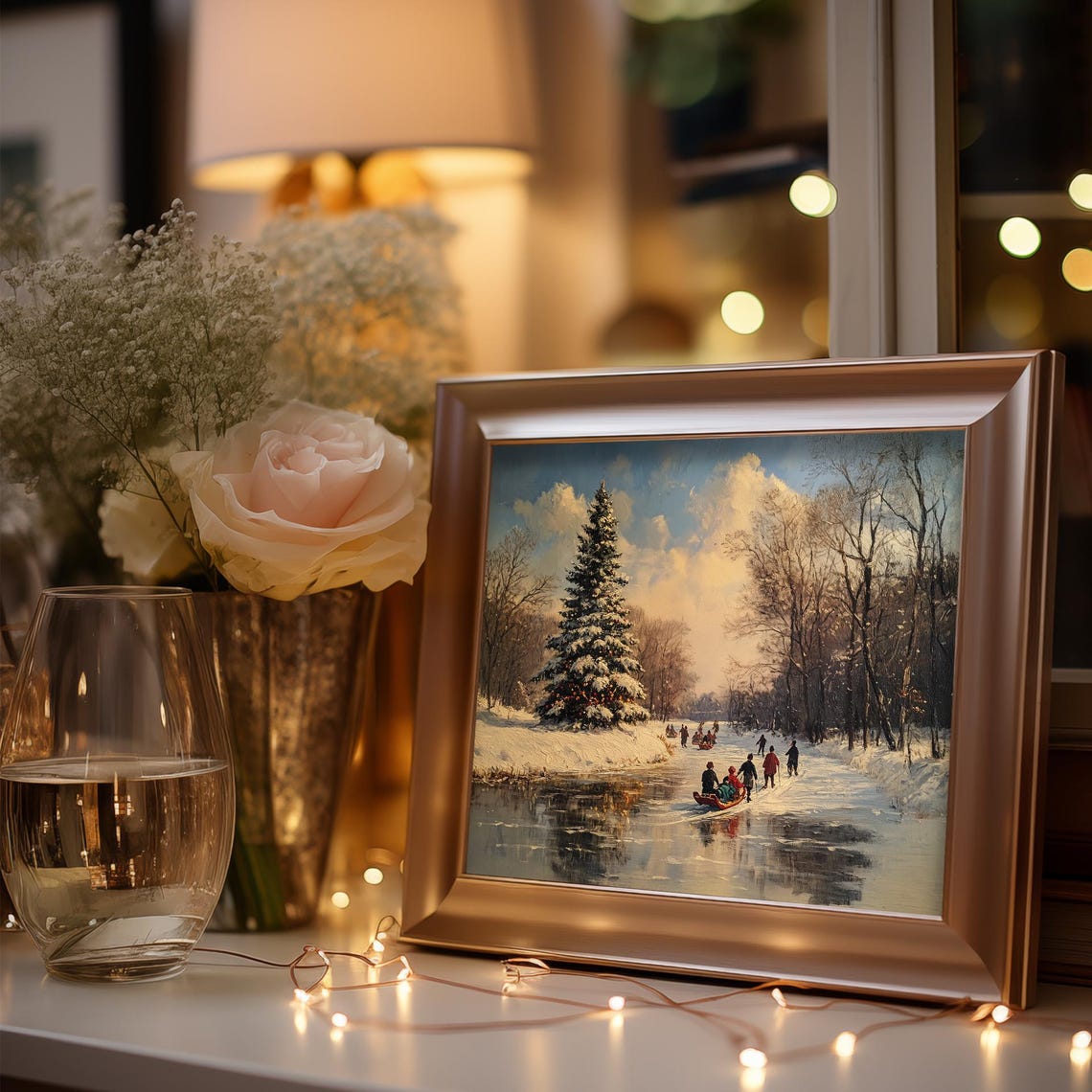 Winter Wonderland Friends Sledding Together on a Frozen Pond Poster - Image 3