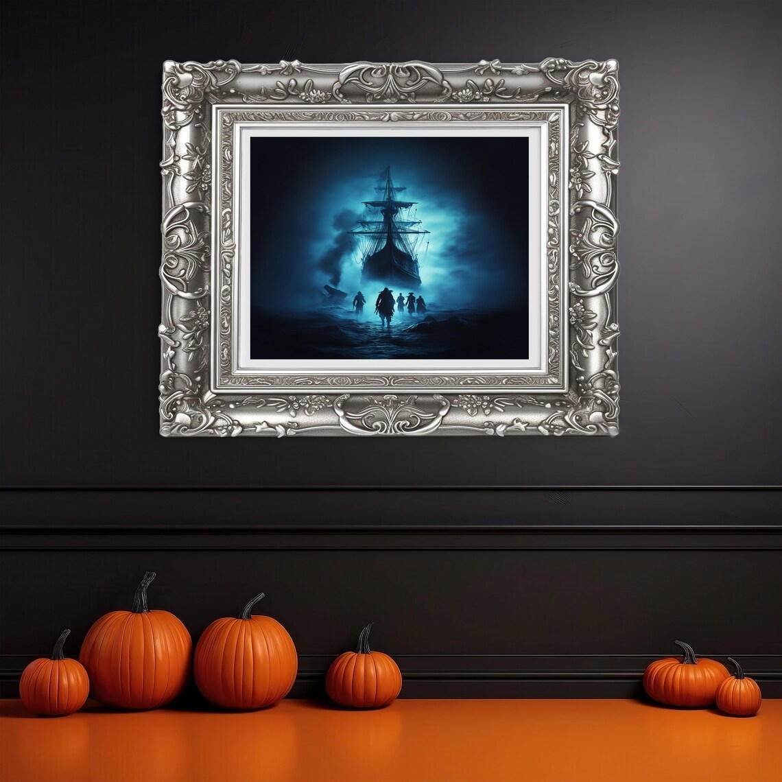 Ghost Pirate Ship on a Foggy Moonlit Sea with Pirate Silhouettes Poster - Image 3