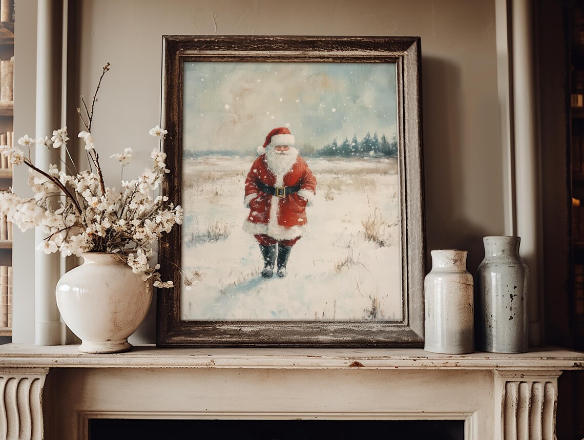 Vintage Santa Walking Through Snowy Field Rustic Christmas Scene Poster - Image 3