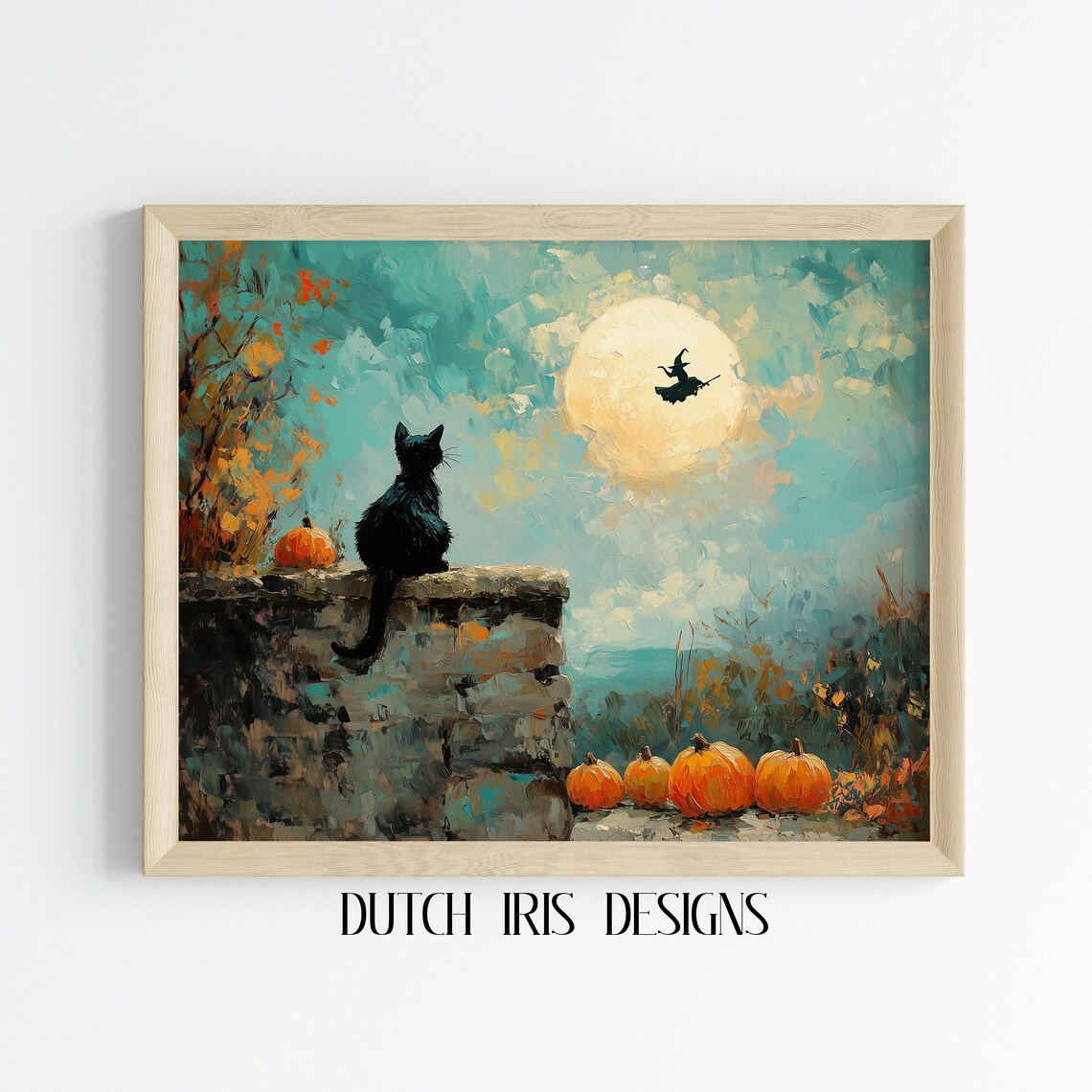 Black Cat Watching Full Moon With Witch Silhouette Halloween Poster