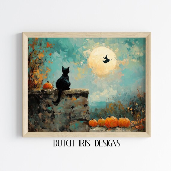 Black Cat Watching Full Moon With Witch Silhouette Halloween Poster
