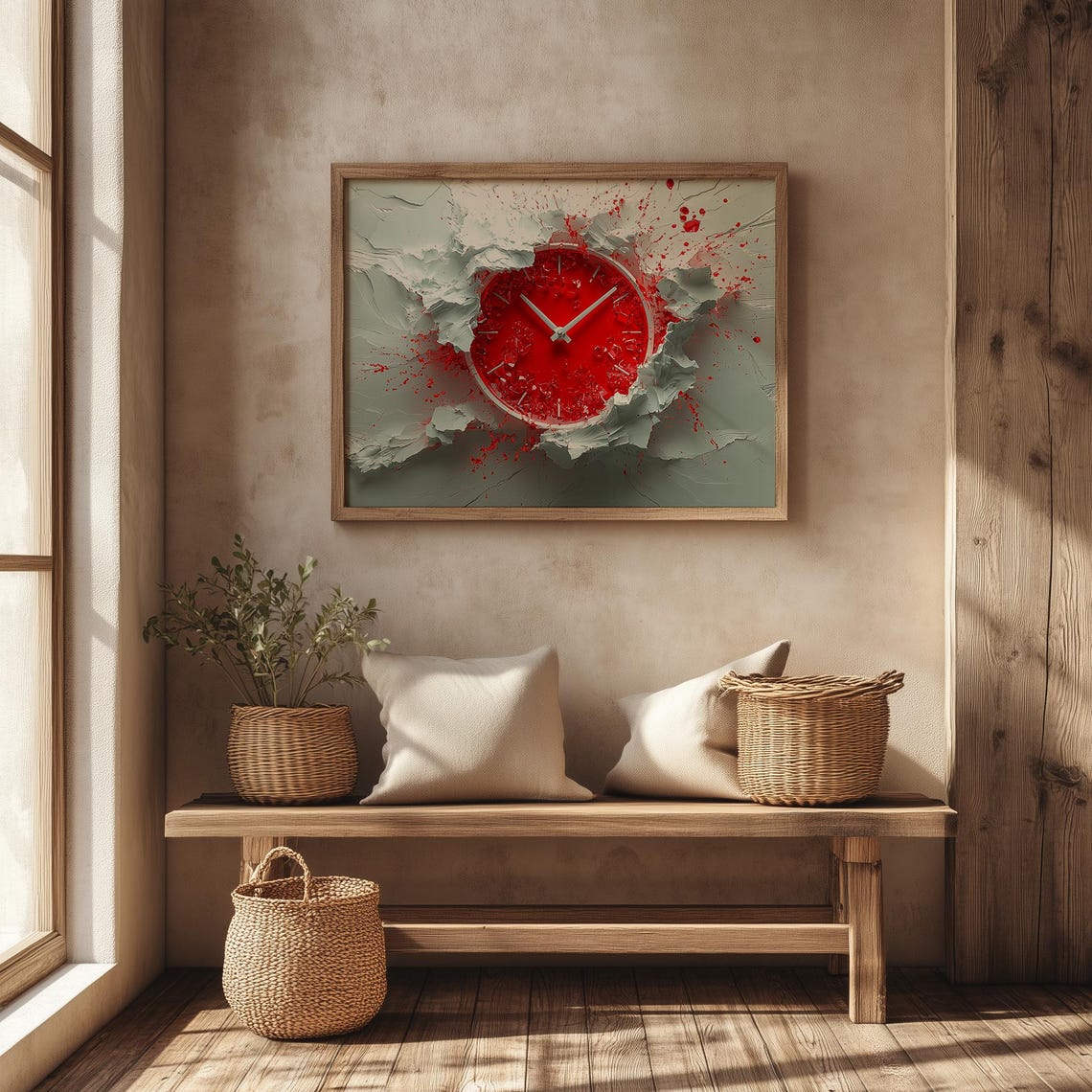 Bold Red Clock Face Bursting Through Cracked White Plaster Art Poster - Image 4