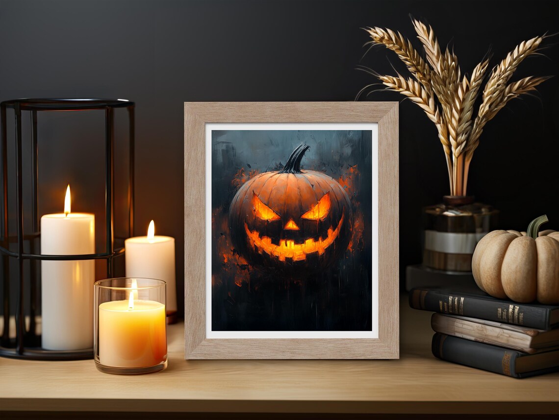 Glowing Jack-O-Lantern Pumpkin Spooky Halloween Night Oil Painting Poster - Image 3