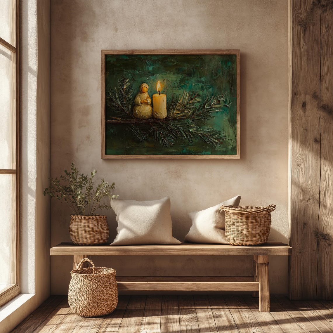 Small Figurine and Glowing Candle on a Pine Branch Night Poster - Image 4