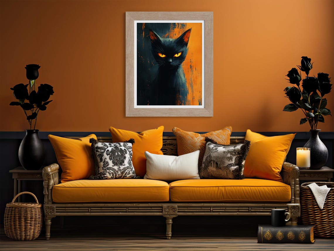 Black Cat Portrait With Glowing Orange Eyes Moody Halloween Poster - Image 2