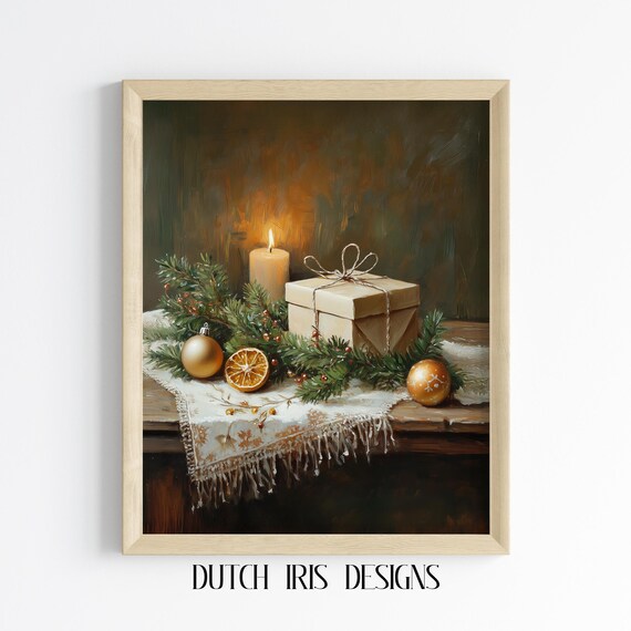 Christmas Candle and Gift Rustic Holiday Still Life Painting Poster