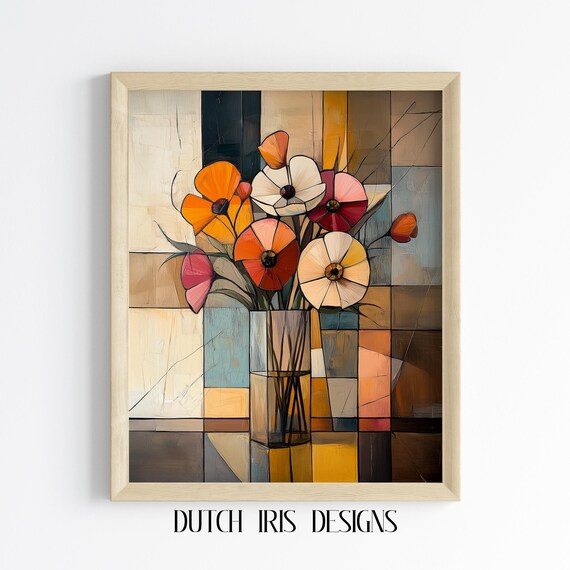 Abstract Floral Still Life Cubist Inspired Wall Art Modern Home Decor Colorful Geometric Design Print 609