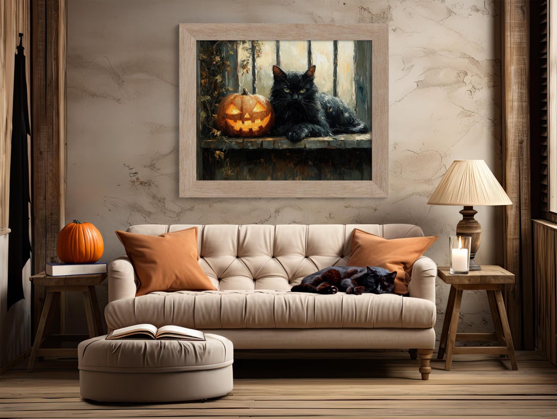 Black Cat Resting Beside Glowing Jack O Lantern Halloween Poster - Image 2