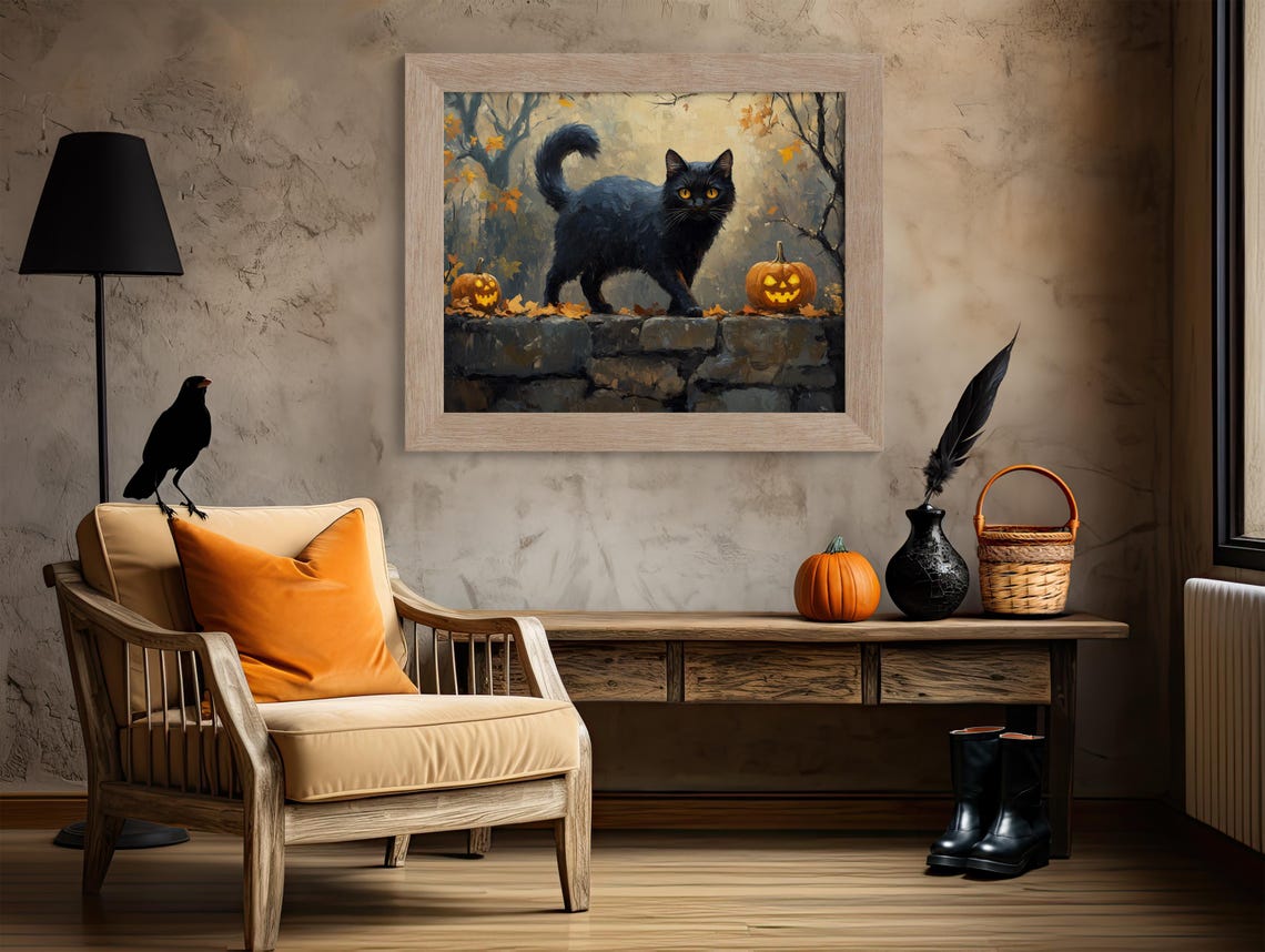 Black Cat On Stone Wall Between Two Jack O Lanterns Halloween Poster - Image 4