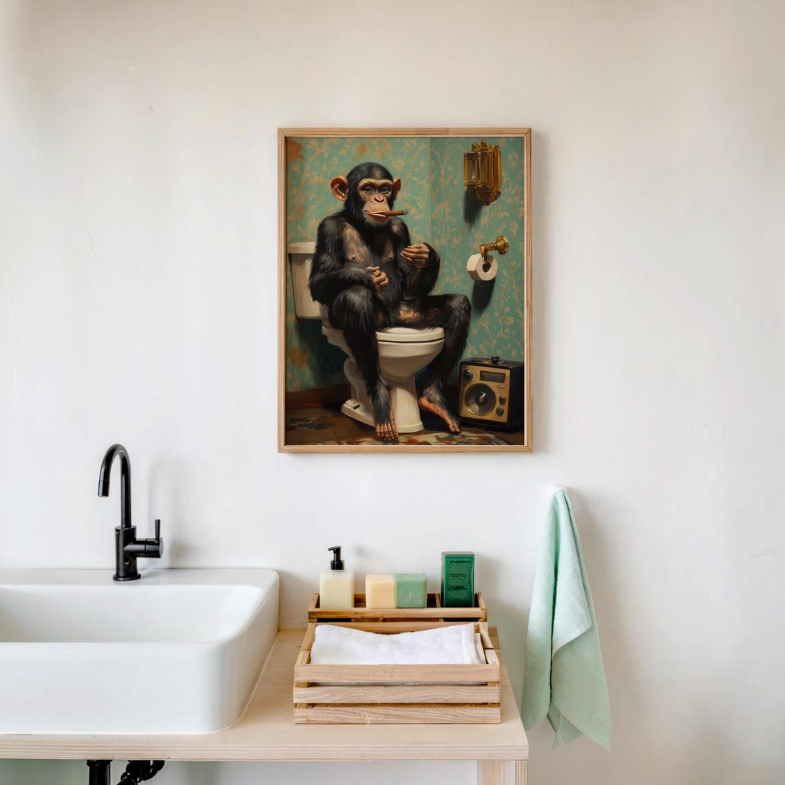 Whimsical Monkey In Bathroom Art Vintage Style Oil Painting Humorous Wall Decor Playful Print 688 - Image 3