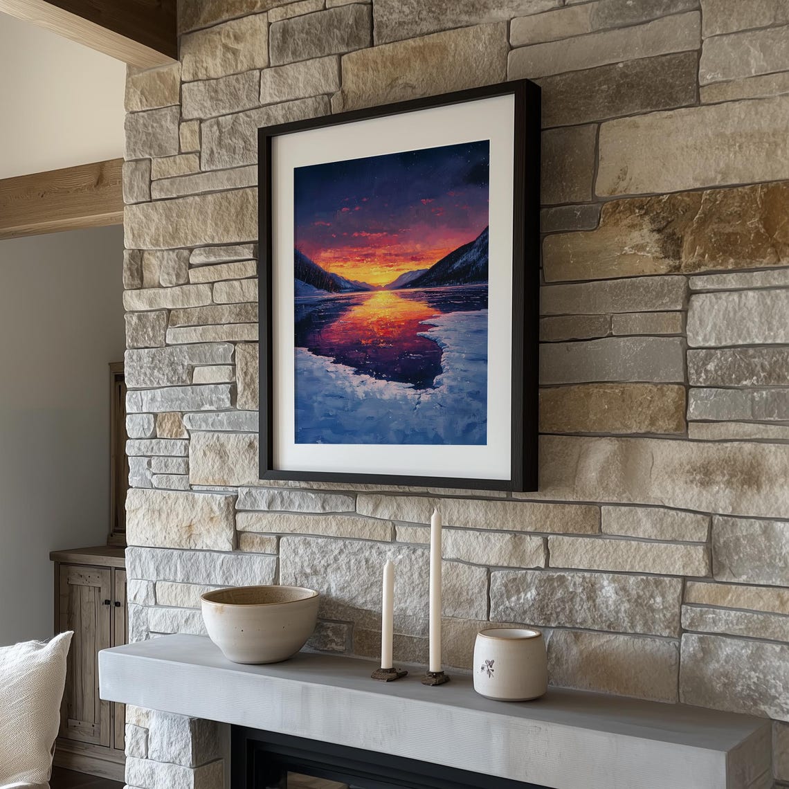 Frozen Lake Sunset With Snowy Mountains Dramatic Winter Sky Poster - Image 3