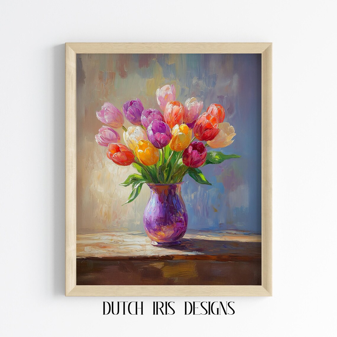 Colorful Tulip Bouquet In Purple Vase Vibrant Spring Floral Poster