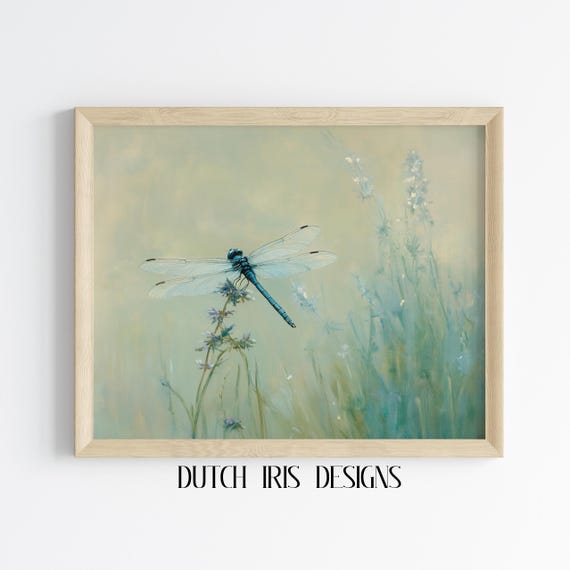 Soft Blue Dragonfly Painting Nature Wall Art Tranquil Summer Scene Botanical Decor Rustic Cottage Charm 158