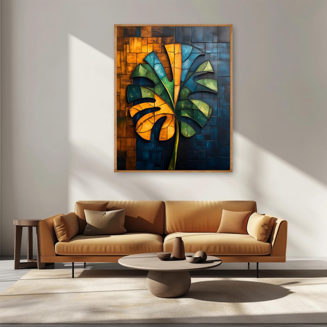 Cubist Monstera Leaf Mosaic Blue And Orange Tropical Decor Poster - Image 4