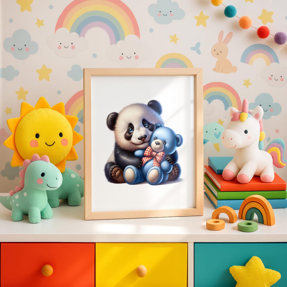 Baby Panda Hugging Blue Teddy Bear Sweet Nursery Animal Poster - Image 4