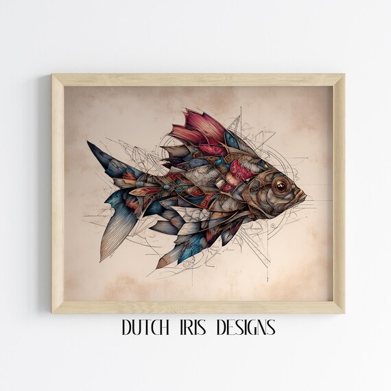 Surreal Fish Art Print Cosmic Patterned Mechanical Style Unique Wall Whimsical Decor Abstract Design 274