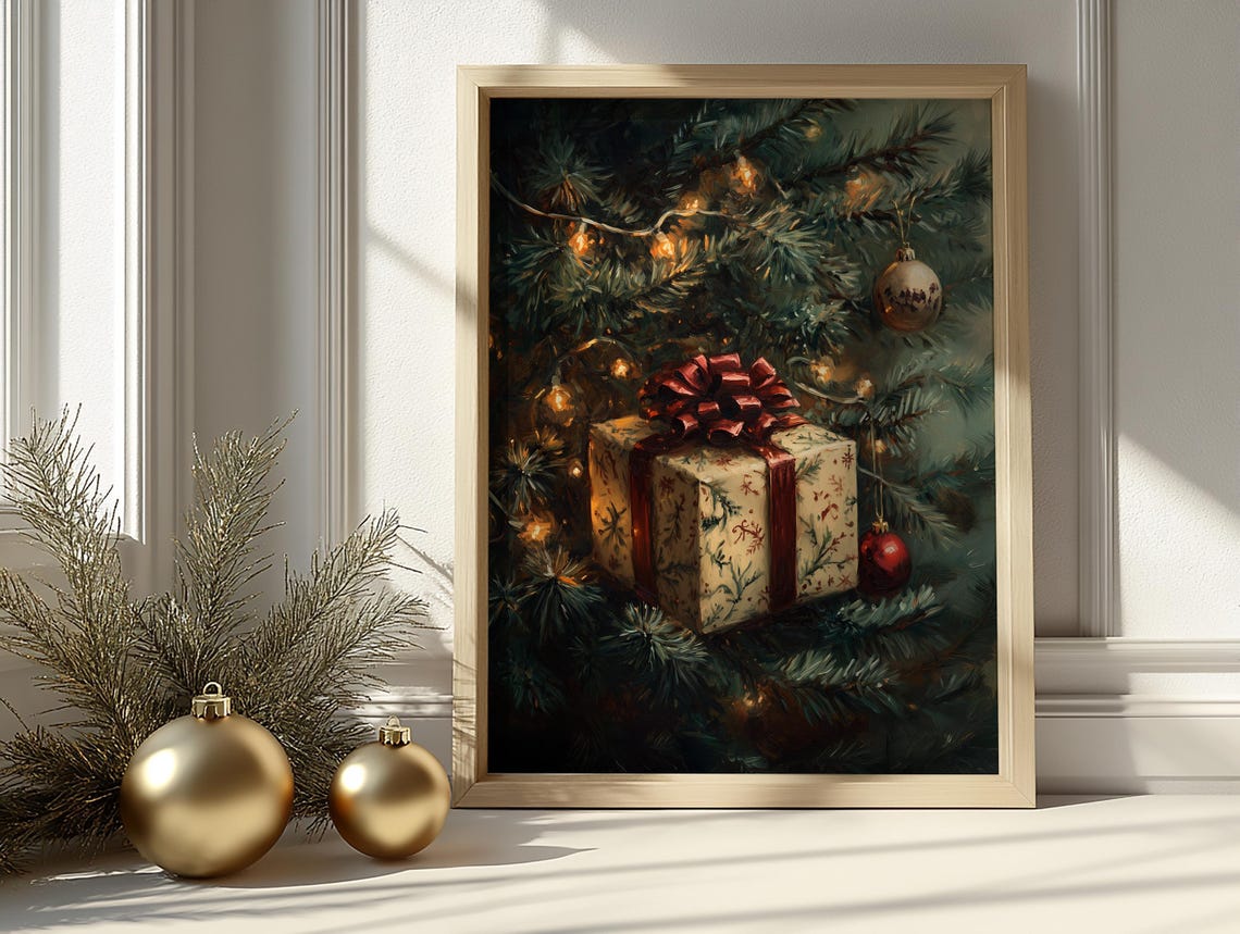 Christmas Gift Under Tree Festive Holiday Oil Painting Poster - Image 3