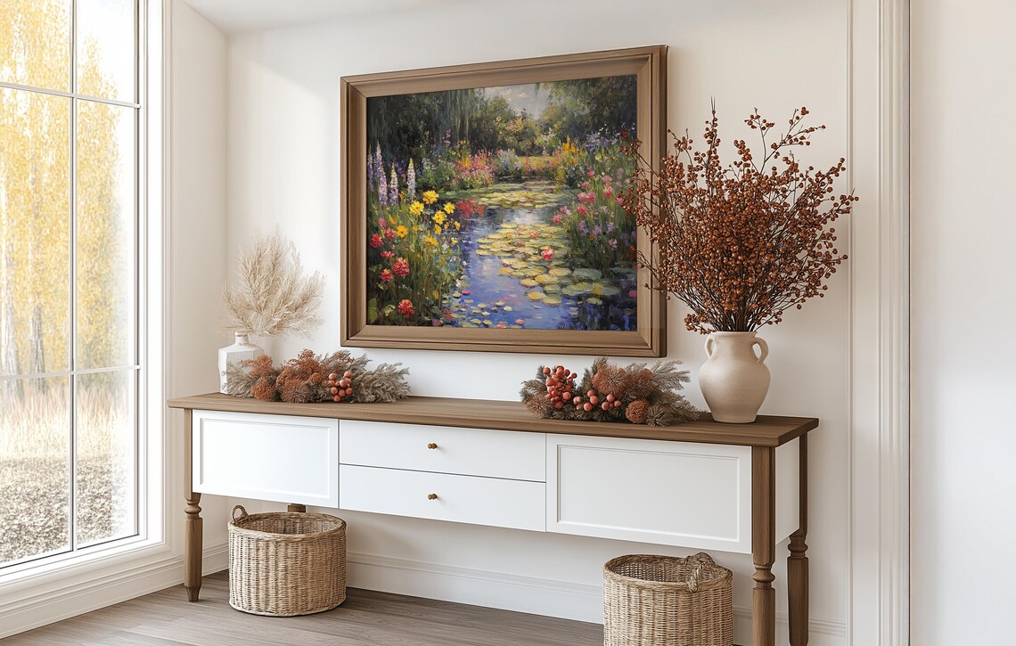 Monet Style Waterlily Pond Surrounded By Colorful Flowers Poster - Image 3
