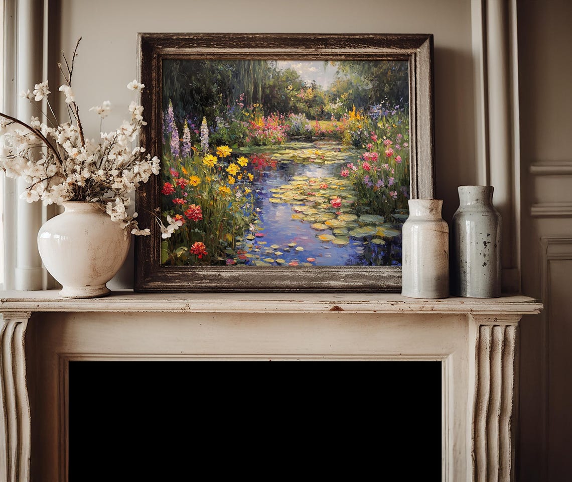 Monet Style Waterlily Pond Surrounded By Colorful Flowers Poster - Image 4