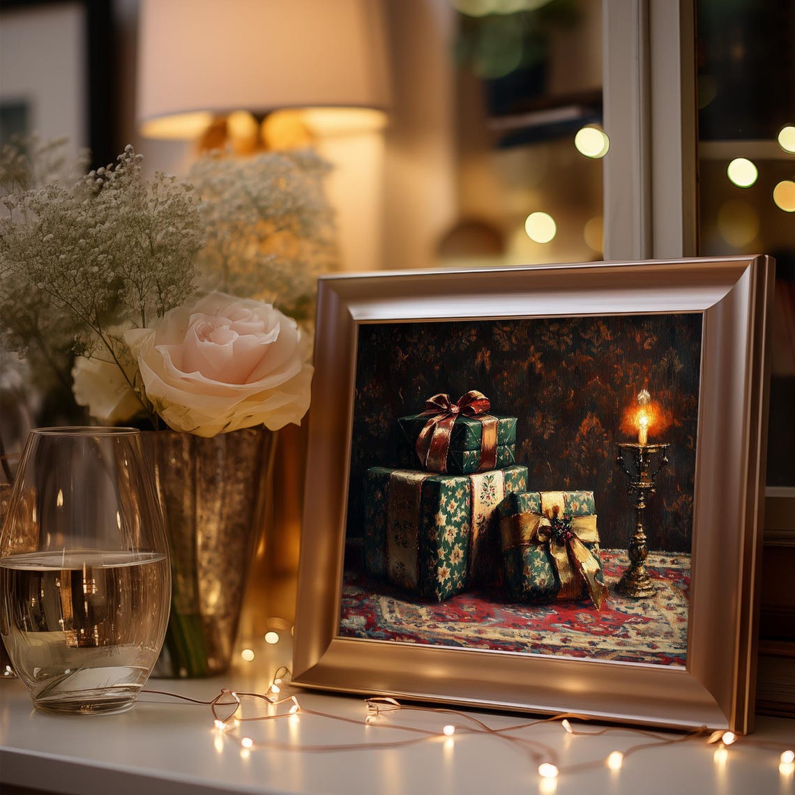 Vintage Wrapped Christmas Gifts with Ribbons by Candlelight Poster - Image 3