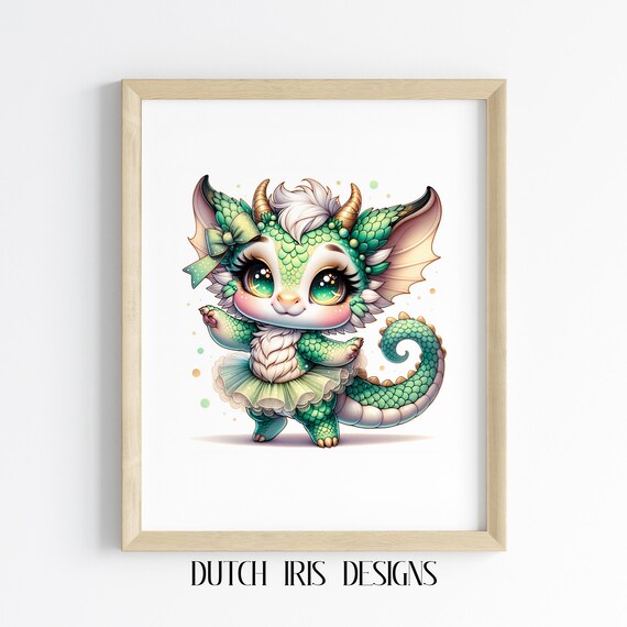 Cute Baby Dragon Art Whimsical Fantasy Wall Decor Green Ballerina Illustration Kids Room Print 222