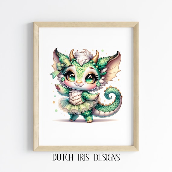 Whimsical Baby Dragon In Green Tutu And Bow Fantasy Nursery Art Poster