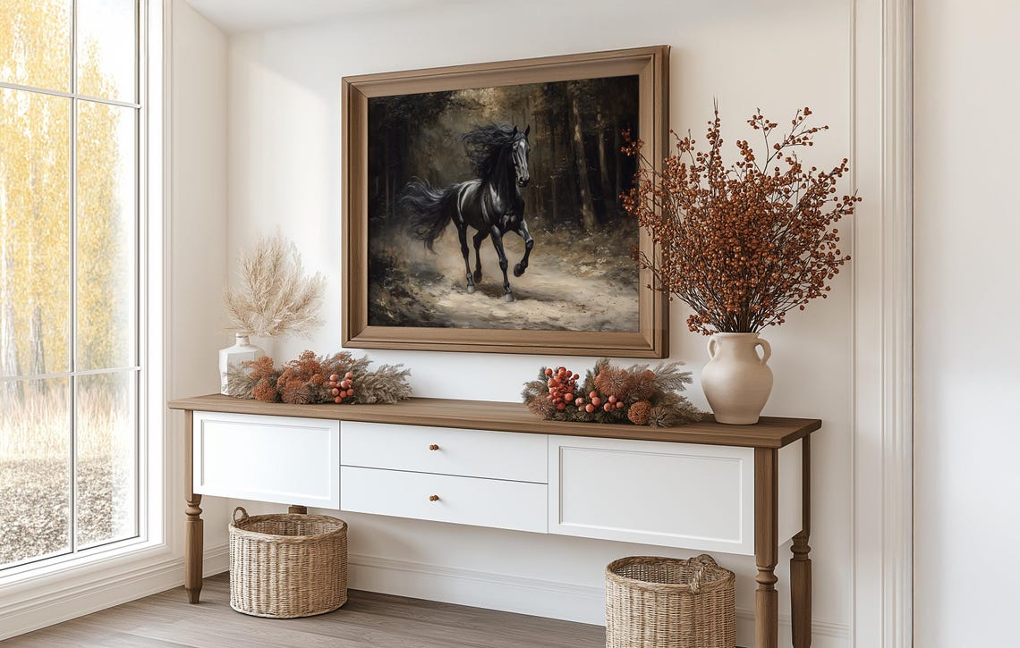 Black Horse Trotting On Misty Forest Path Moody Equestrian Poster - Image 3