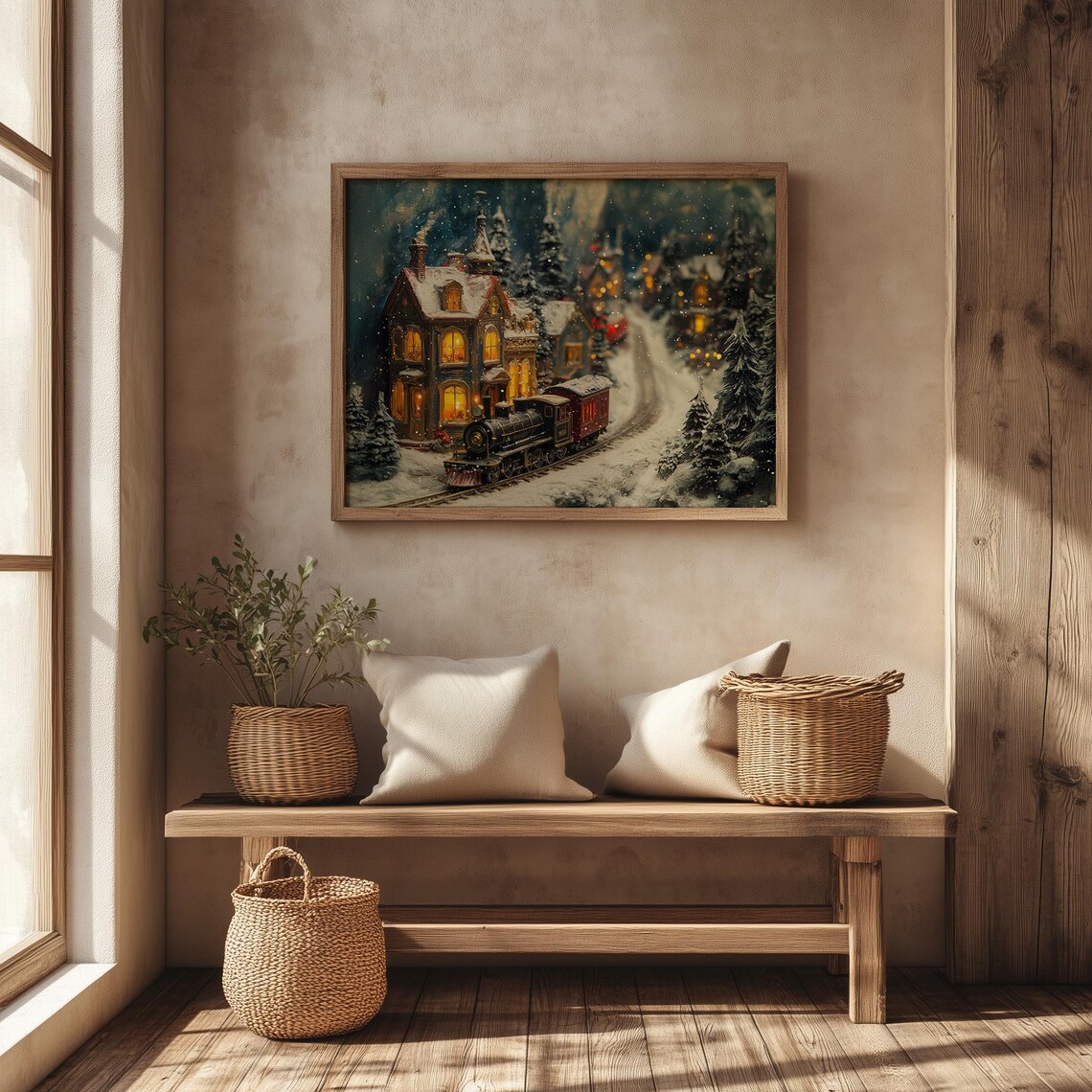 Snowy Christmas Village at Night with a Steam Train Passing By Poster - Image 4