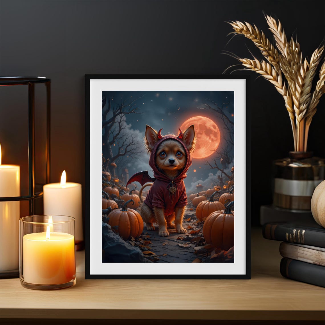 Cute Anime Dog in Pumpkin Patch Halloween Night Moonlit Poster - Image 3